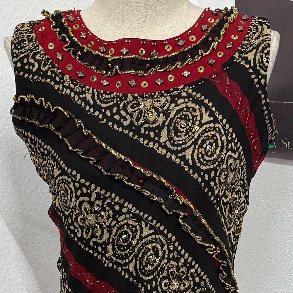 Chic Black and Red Swirl beaded Midi Dress